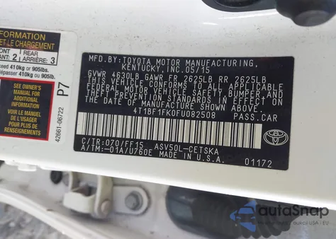 2015 Toyota Camry Se z USA, uszkodzony, nr VIN 4T1BF1FK0FU082508